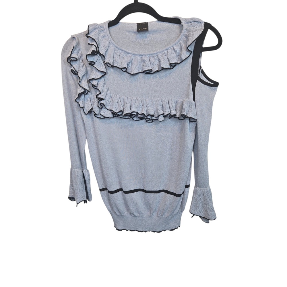 Pinko Ruffle Knit Top Womens Small Blue Cold Shoulder Bell Sleeve Coquette
